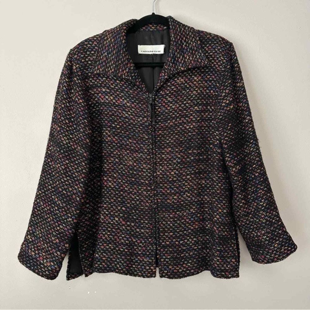 Caroline Rose XL Black Multicolored Wool Blend Zip Up Blazer Jacket‎ Made in USA